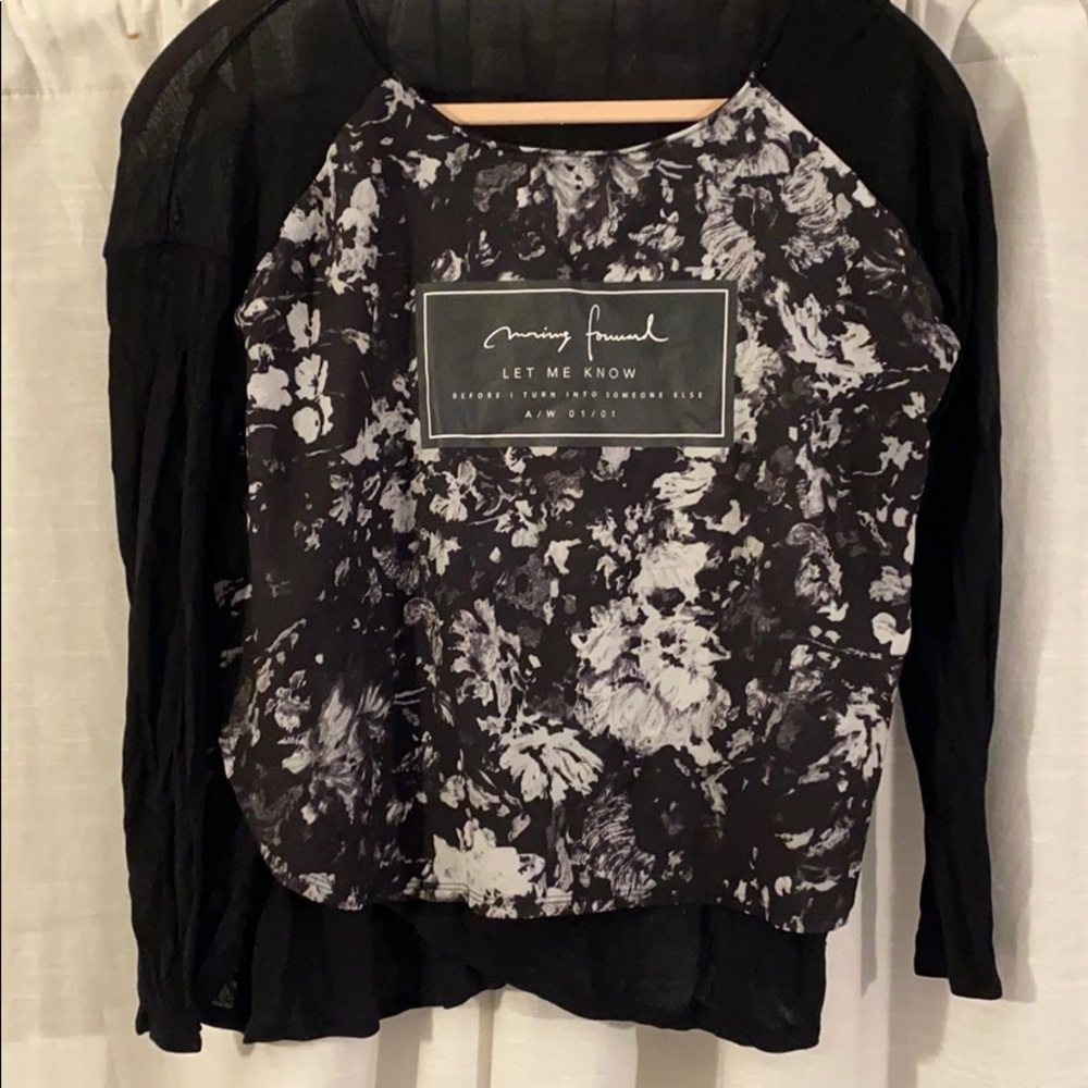 Black, Long Sleeve Shirt with Black/White Print